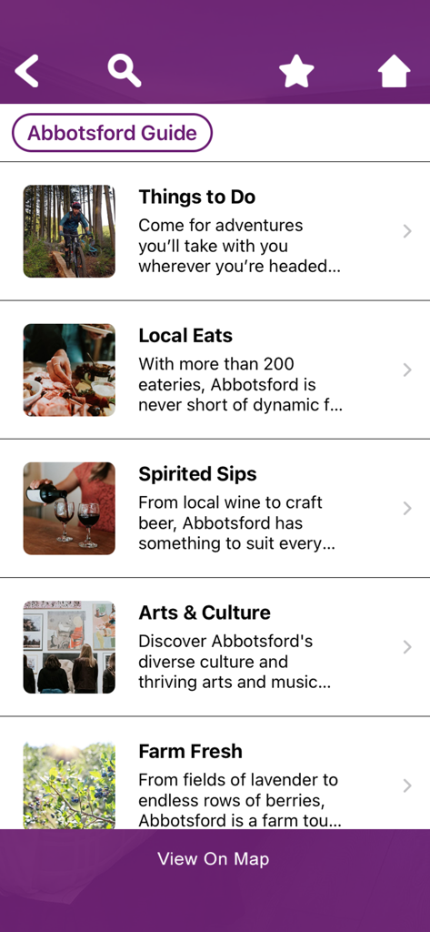 Coast Abbotsford Hotel - Schermata della guida locale dell'app Coast Abbotsford Hotel che mostra le categorie per cose da fare, locali da mangiare, arte e cultura