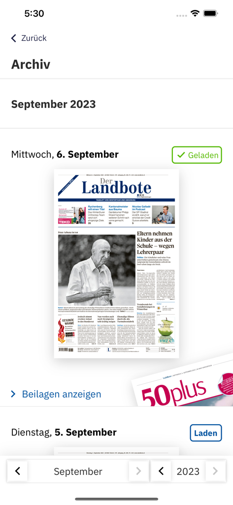 Archive section of the Der Landbote E-Paper app showing newspaper editions from September 2023.
