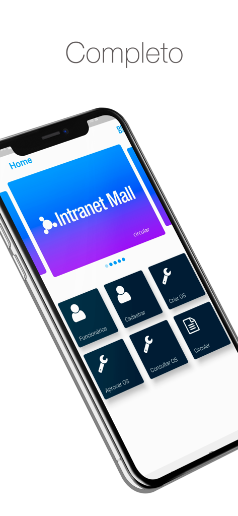 Intranet Mall - Intranet Mall app home screen showing a dashboard with icons for employee management and service order requests.