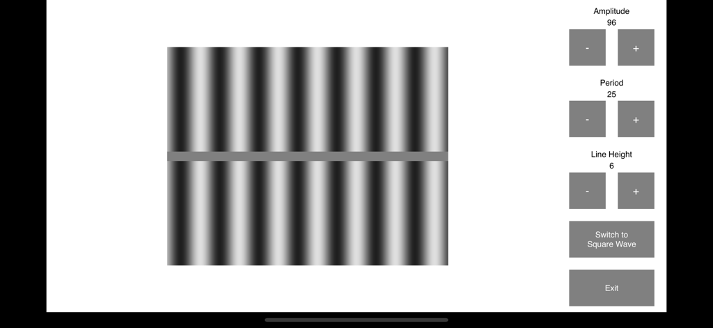 A grating visual illusion with adjustment controls for amplitude and period in the Psych Lab 101 app.