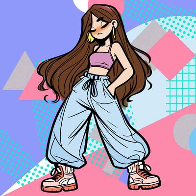 girl in baggy pants crop top and long hair