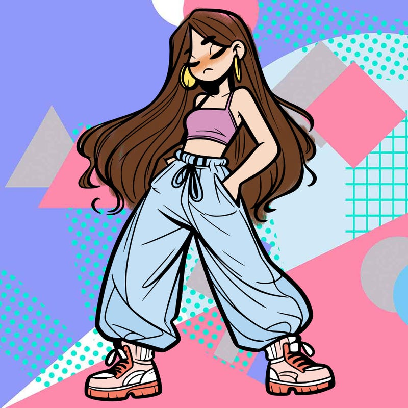 girl in baggy pants crop top and long hair