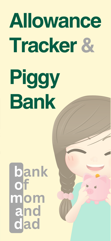 Piggy Bank Kids - Bomad - Allowance Tracker and Piggy Bank app featuring a girl holding a pink piggy bank