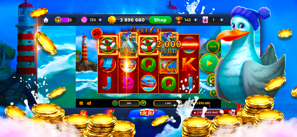 YOURE Casino - online slots - Lucky Catch nautical themed slot game in YOURE Casino app with seagull character and gold coins.