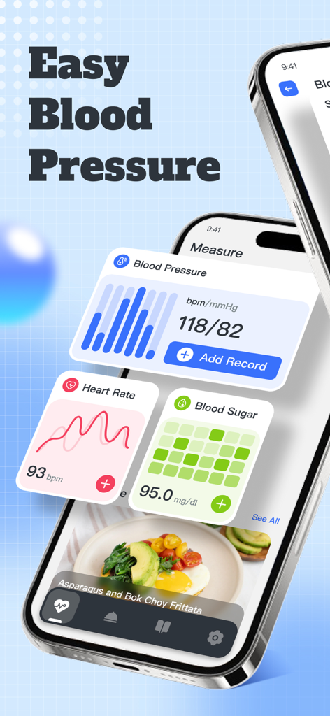 BP Easy Log - Dashboard of BP Easy Log app displaying blood pressure readings heart rate data and blood sugar levels