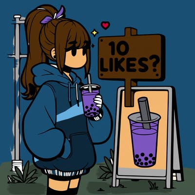 girl with oversized hoodie drinking boba and she has a high ponytail with a sign that says 10likes?