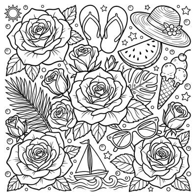 Escape to a vibrant summer with this intricate coloring page featuring cheerful yellow roses alongside fun beach and vacation elements. It's the perfect way to relax and add your own burst of color to the season.