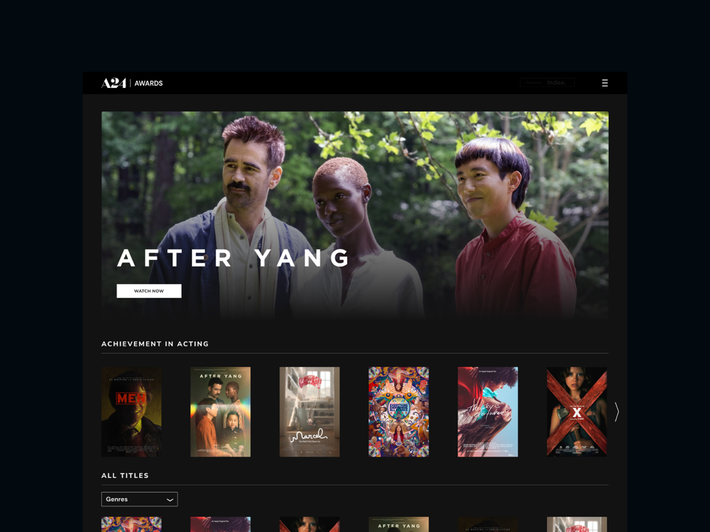 A24 Awards app home screen displaying cinematic film screeners
