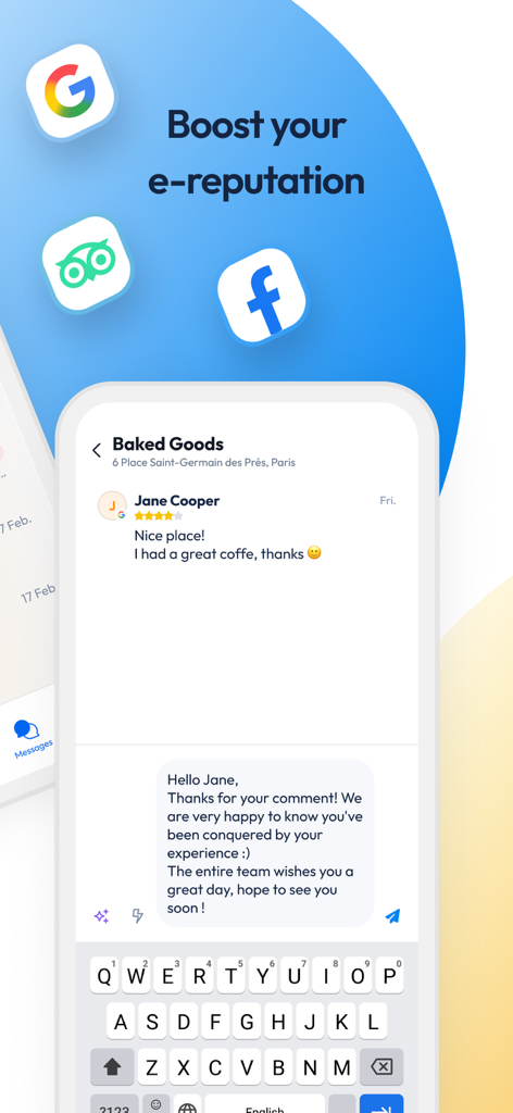 Partoo - Interface de l'application mobile Partoo pour gérer et répondre aux avis clients de Google et Facebook afin d'améliorer l'e-réputation.