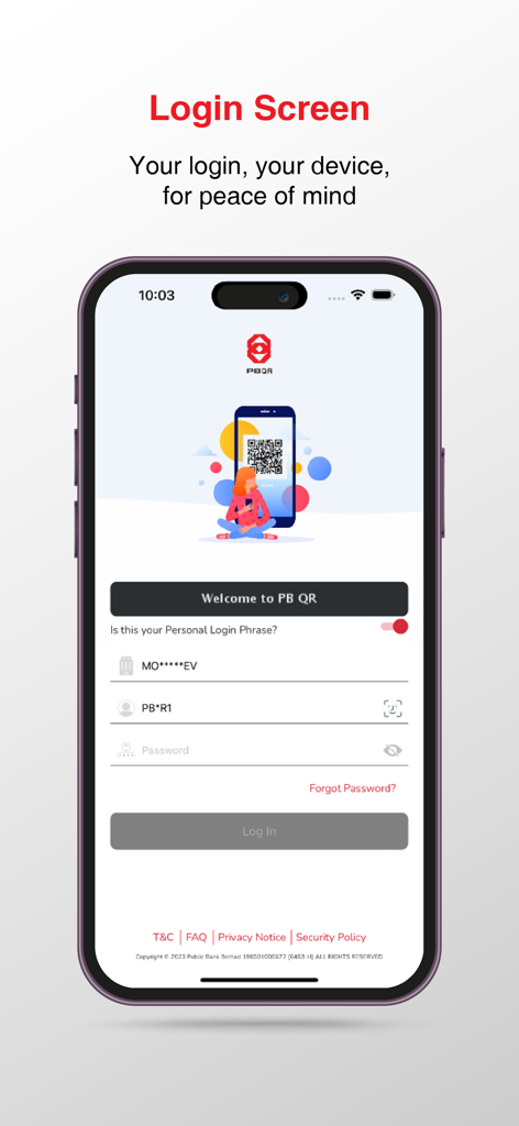PB QR - PB QR merchant app login screen on a smartphone