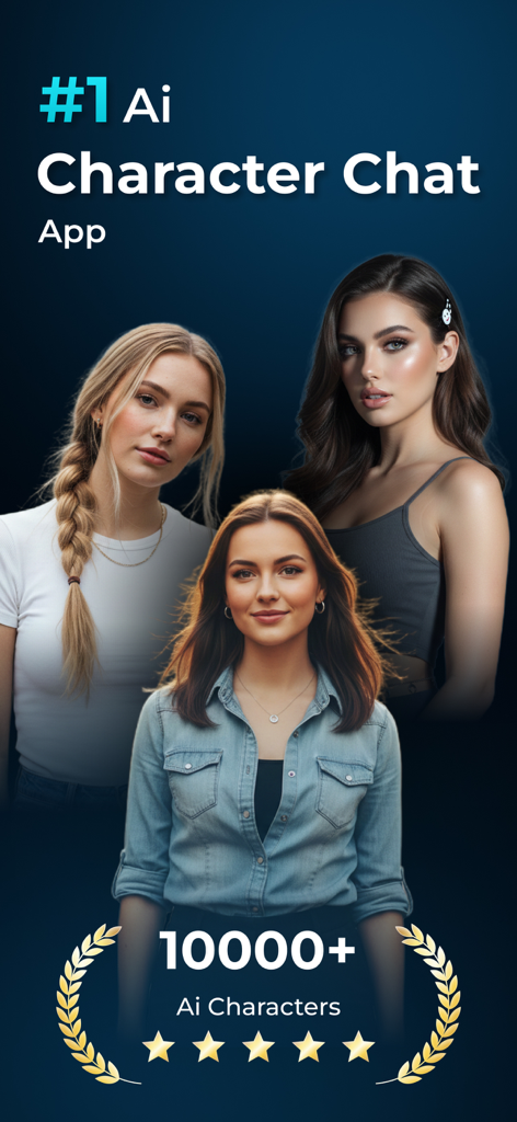 Hi - Ai Character Chat App - Écran promotionnel pour l'application Hi AI Character Chat présentant des avatars IA féminins réalistes et mentionnant plus de dix mille personnages disponibles.