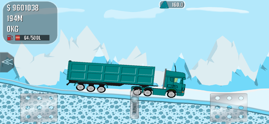 Trucker Joe - Teal semi truck hauling a trailer through a snowy mountain pass in Trucker Joe