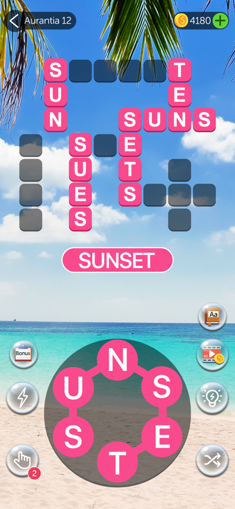 Crossword Quest - Word Puzzles - Gameplay of Crossword Quest showing a word puzzle with a tropical beach background.