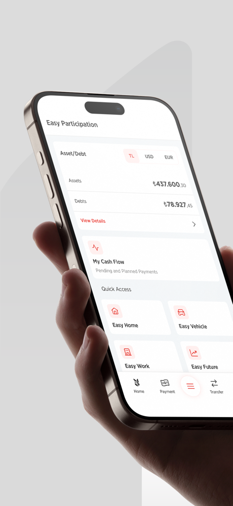 Ziraat Katılım - クイックアクセスメニューによる資産と負債の追跡を表示しているZiraat Katilimモバイルアプリのインターフェース。