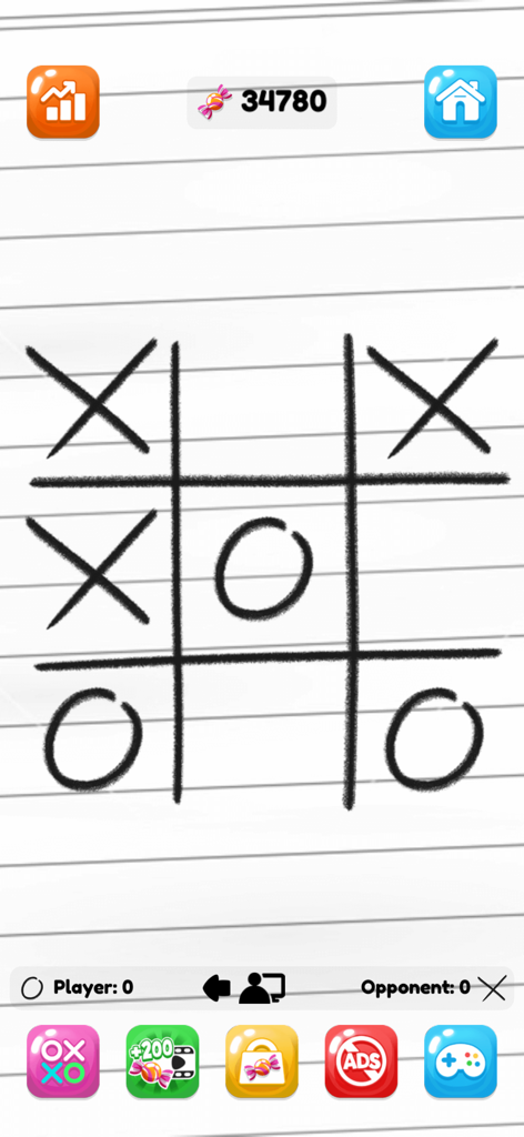 Tic Tac Toe: XOXO - Tic Tac Toe game interface featuring hand drawn X and O marks on a lined paper background