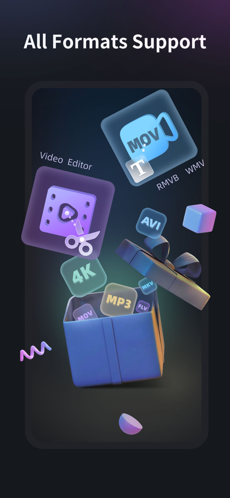Video Editor & Maker -Cup Cute - Pantalla gráfica que muestra el soporte de la aplicación para múltiples formatos de video y audio como MOV, AVI y MP3