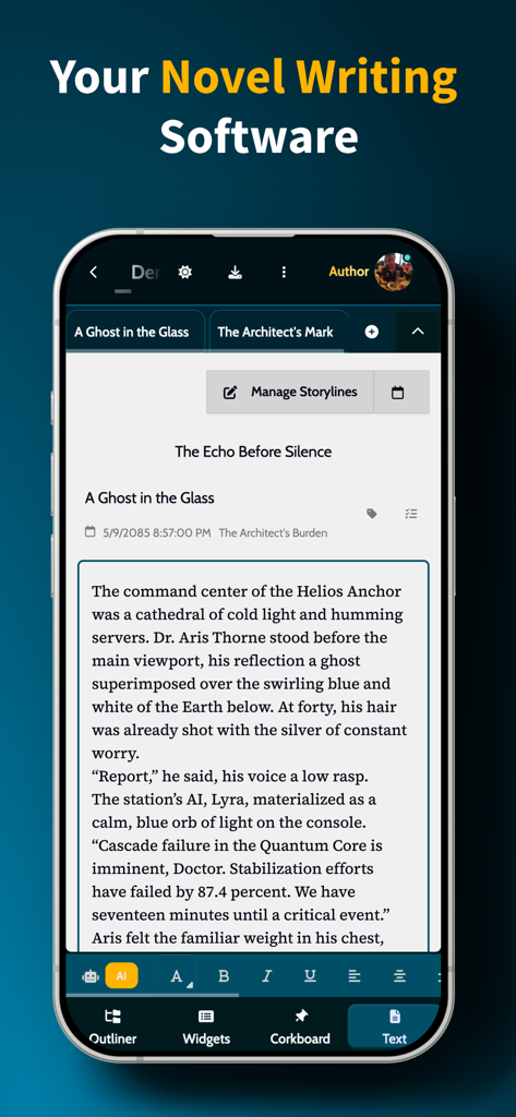 MyStory.today - Pantalla de smartphone mostrando la aplicación MyStory.today con un borrador de novela y herramientas de escritura