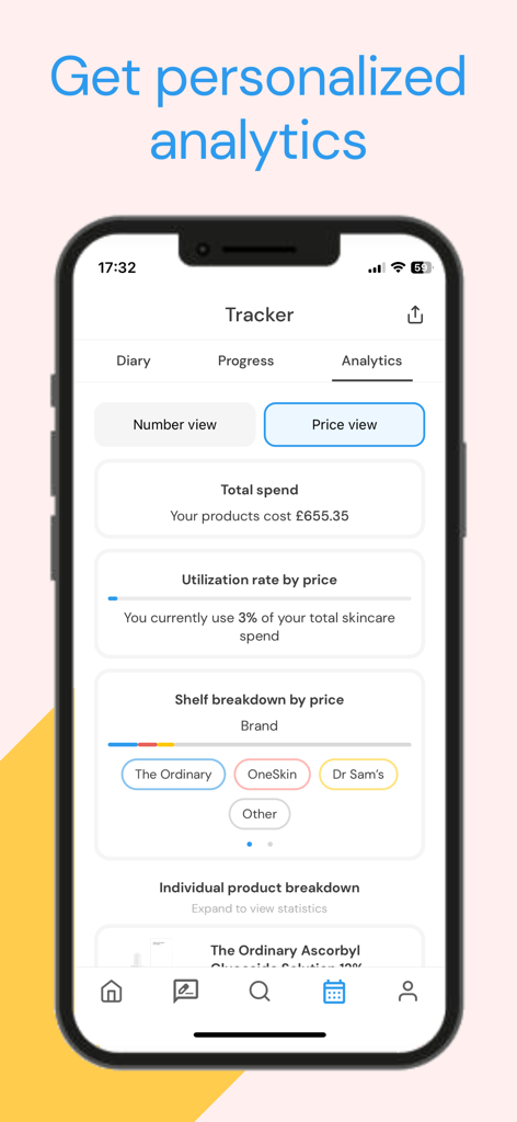 Un écran mobile de l'application Clear montrant des analyses de soins de la peau, y compris les dépenses totales et la répartition des marques par prix.