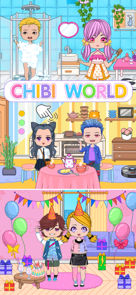 Multiple game scenes in Chibi Maker featuring anime characters in a bathroom, kitchen, and birthday party setting