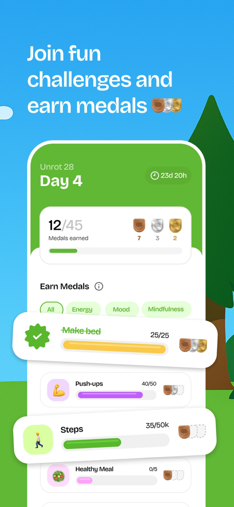 Unrot app screen displaying daily habit challenges and earned medals for productivity and focus.