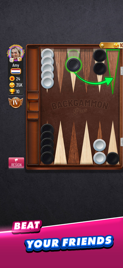 Backgammon Plus - Board Games - Schermata di gioco di Backgammon Plus che mostra una mossa di pedina su un classico tavolo in pelle con il testo Sconfiggi i tuoi amici.