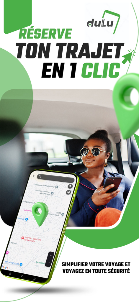 Dulu - Dulu carpooling app promotional graphic showing a smartphone with a trip booking map and a passenger in a car.