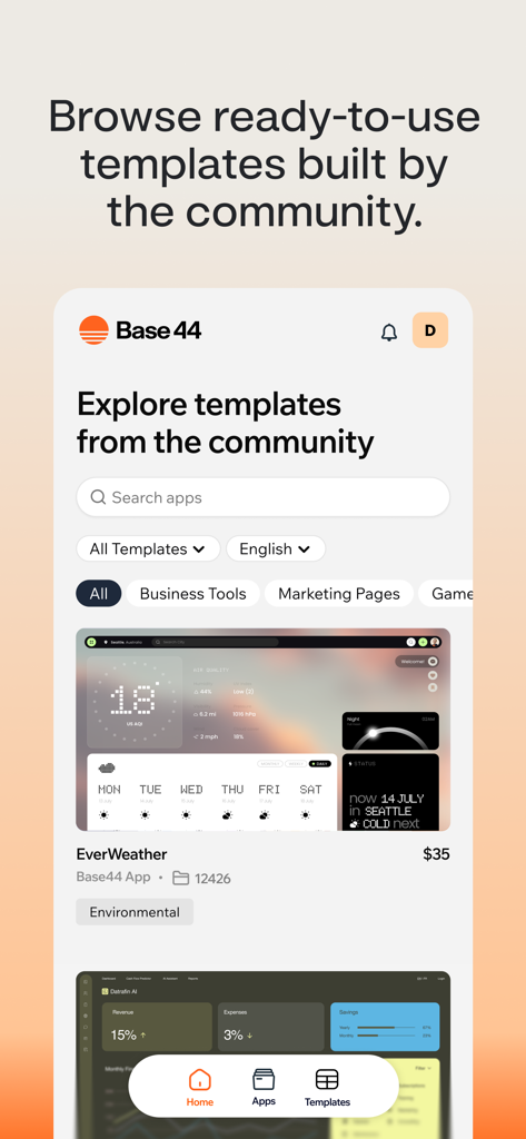 Base44: Build with AI - Mobile app screen displaying a marketplace of community created software templates for no-code development.