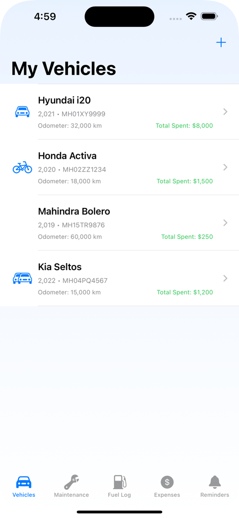 MyCarLog: Vehicle Tracker - Painel do aplicativo MyCarLog mostrando uma lista de veículos gerenciados, incluindo carros e uma moto com seus custos totais de manutenção
