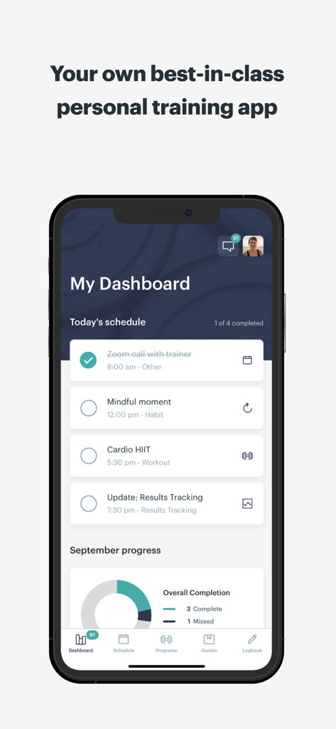 PT Distinction - PT Distinction mobile app dashboard showing a daily schedule with workouts and progress tracking.