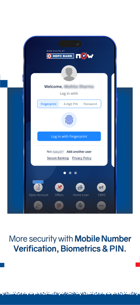 HDFC Bank mobile app login screen showing biometric fingerprint and 4-digit PIN security options.