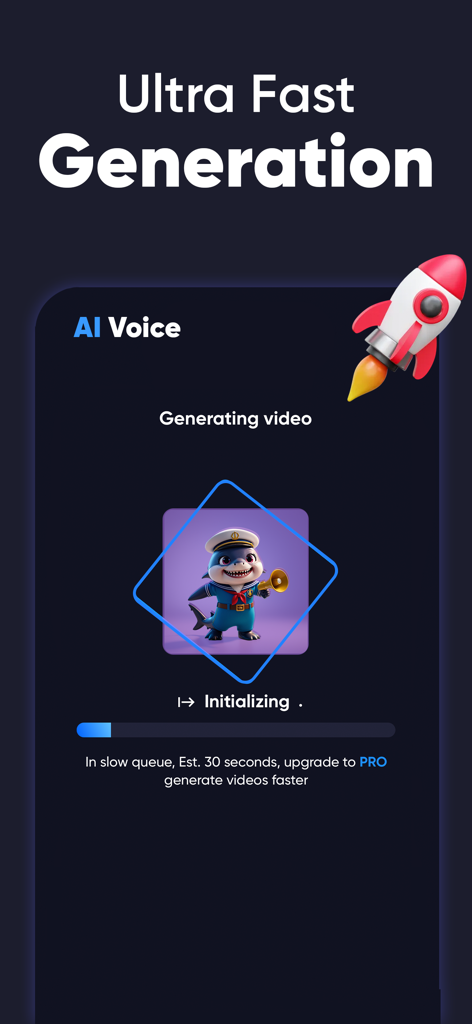 AI Voice - Voice Changer - Screenshot of the Revoice app showing the ultra fast AI video generation progress with a cartoon shark character