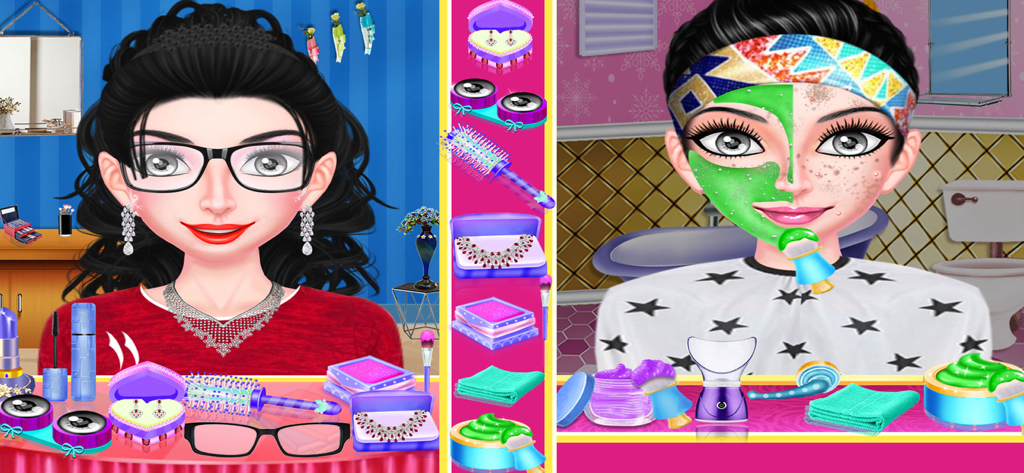 Crazy Mad Teacher Science Game - Gameplay screen showing character makeover and facial spa treatment from the Crazy Mad Teacher game