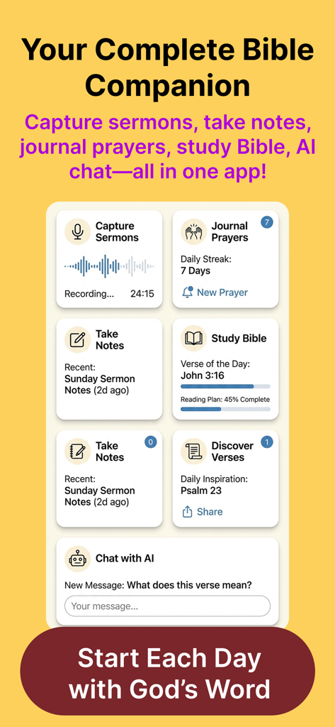Bible Note Taker, Record, Chat - Dashboard of the Bible Note Taker app showing features for sermon recording, prayer journaling, note taking, Bible study, and AI chat.
