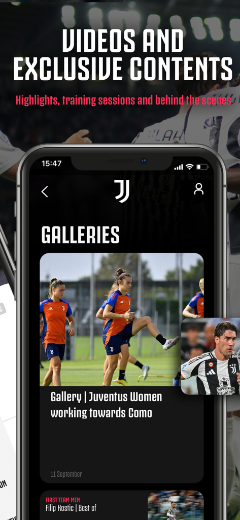 Smartphone che mostra le gallerie dell'app Juventus e contenuti video esclusivi