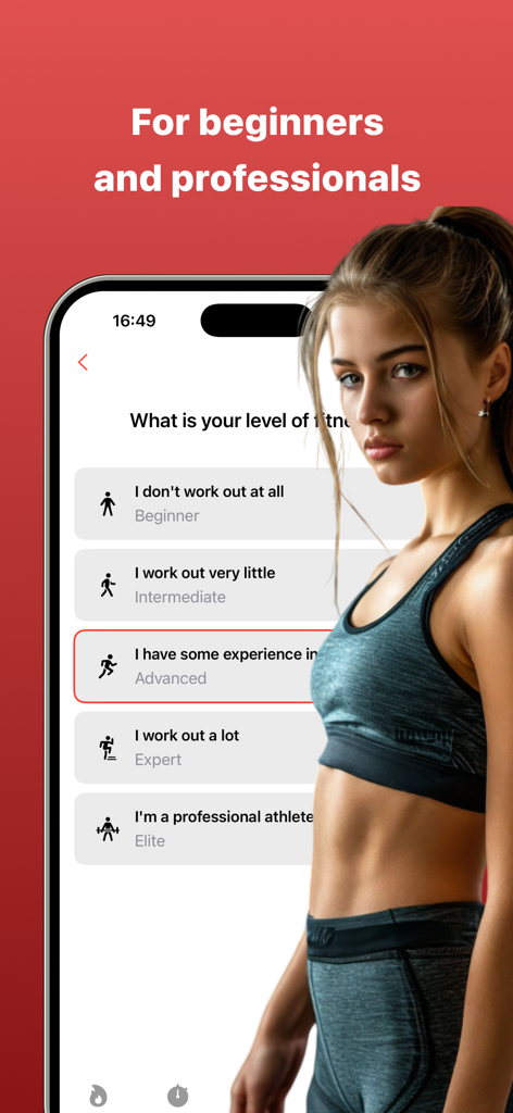 Workout For Women & Men - Fitness level selection screen in the Workout For Women and Men app showing options from beginner to elite.