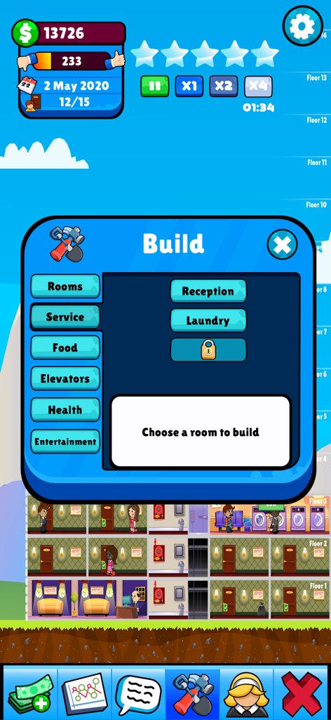 Menú de construcción en el juego de Theme Hotel Tycoon mostrando opciones de construcción para las salas de recepción y lavandería