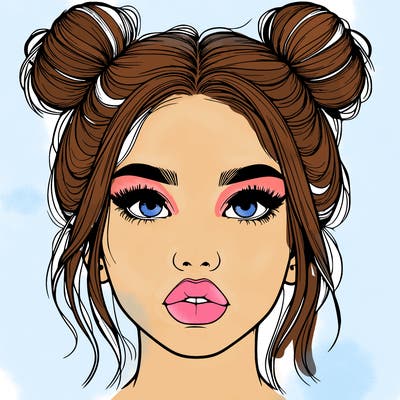 realistic girl with two buns on her hair and lips