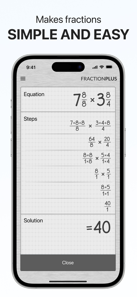 iPhone screenshot of Fraction Calculator Plus app showing a step-by-step fraction multiplication solution