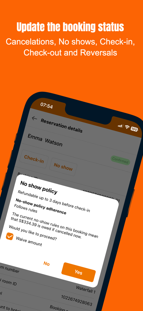 ZUZU HMS - Mobile screen of ZUZU HMS displaying reservation details and a no-show policy confirmation dialog.