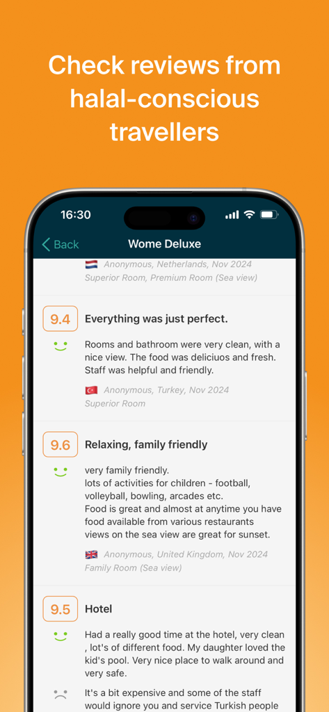Halalbooking: Hotels worldwide - Halalbooking app screenshot showing positive reviews from halal-conscious travelers