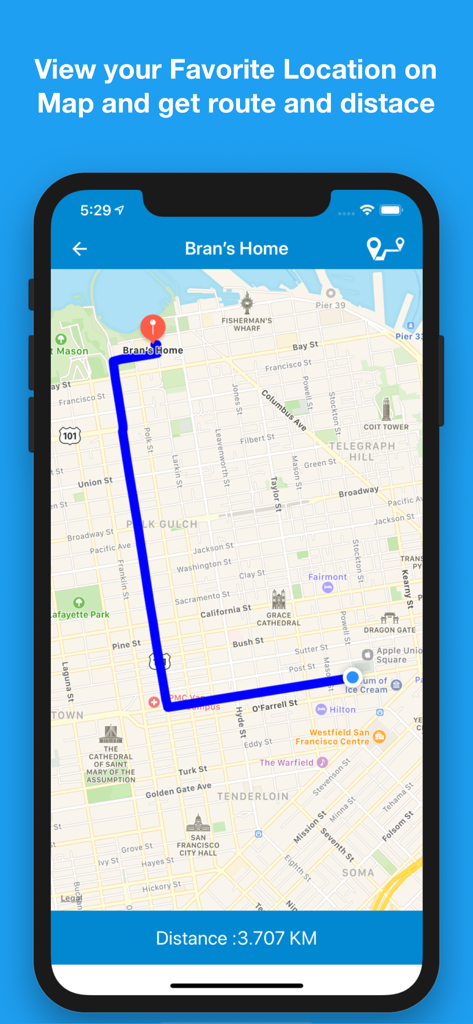 Save Location GPS - Navigation route and distance calculation for a saved favorite location on a map