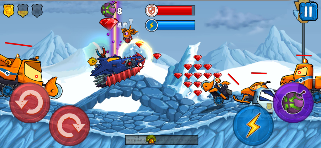 Car Eats Car 3 - Racing Cars - Um monster truck azul correndo e lutando contra inimigos em um nível nevado de Car Eats Car 3