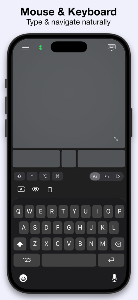 Una captura de pantalla de la interfaz de la aplicación Mando Bluetooth Mobile Mouse con un trackpad virtual y un teclado QWERTY completo en un iPhone.