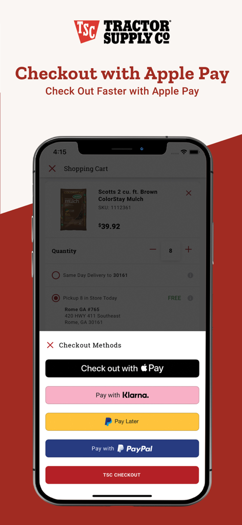 Tractor Supply app checkout screen showing multiple payment options including Apple Pay Klarna and PayPal for a fast shopping experience
