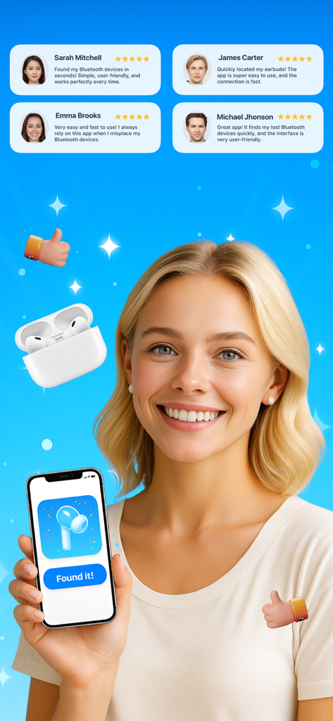Find My Airbuds Device Finder - Smiling woman holding a smartphone showing the Find My Airbuds app with positive user reviews