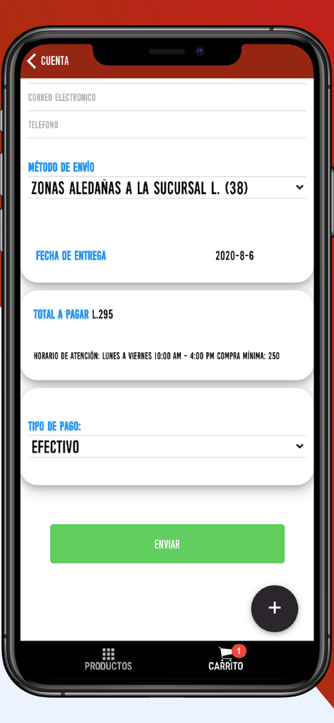 Mirawa app checkout and order summary screen in Spanish