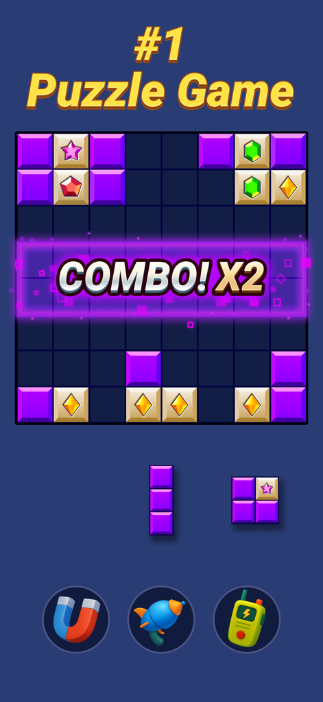 ブロックブレイカーパズルゲームのゲームプレイ画面。カラフルなブロックの宝石とパワーアップが表示された、コンボx2の実績を示しています。