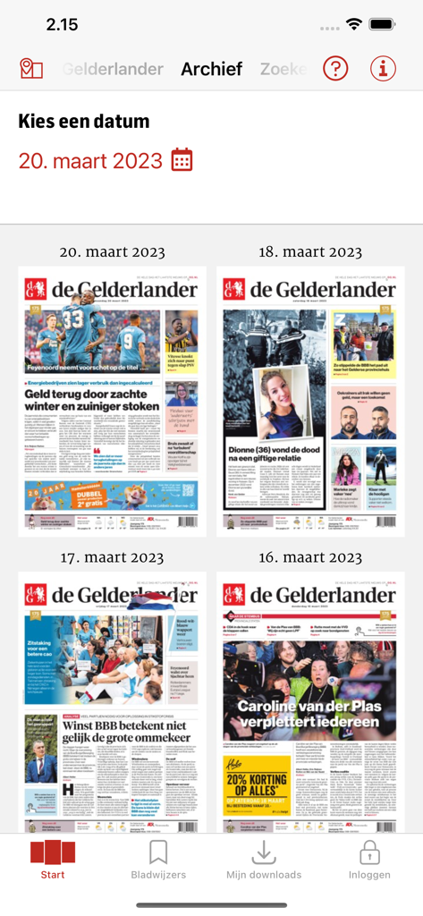 Digital archive screen of De Gelderlander app featuring historical newspaper editions.