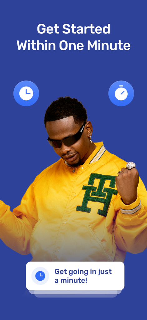 A man in a yellow jacket celebrating the fast one minute signup process on the Prestmit app