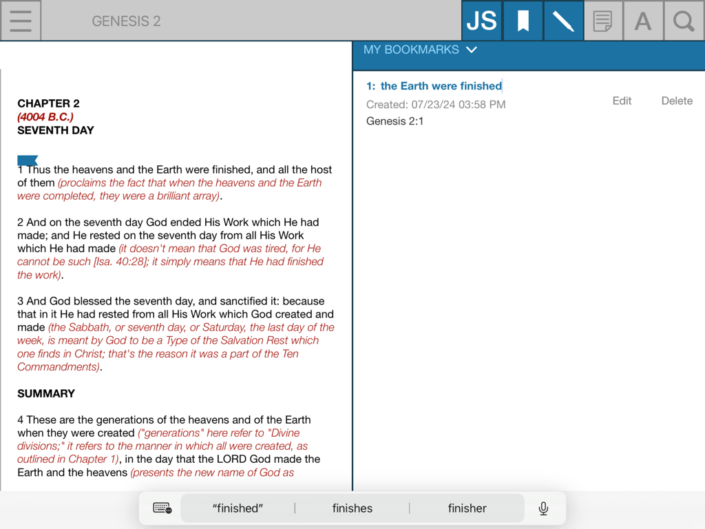 JSM - JSM app showing the Expositor Study Bible with black scripture text red commentary and a bookmarks sidebar on an iPad